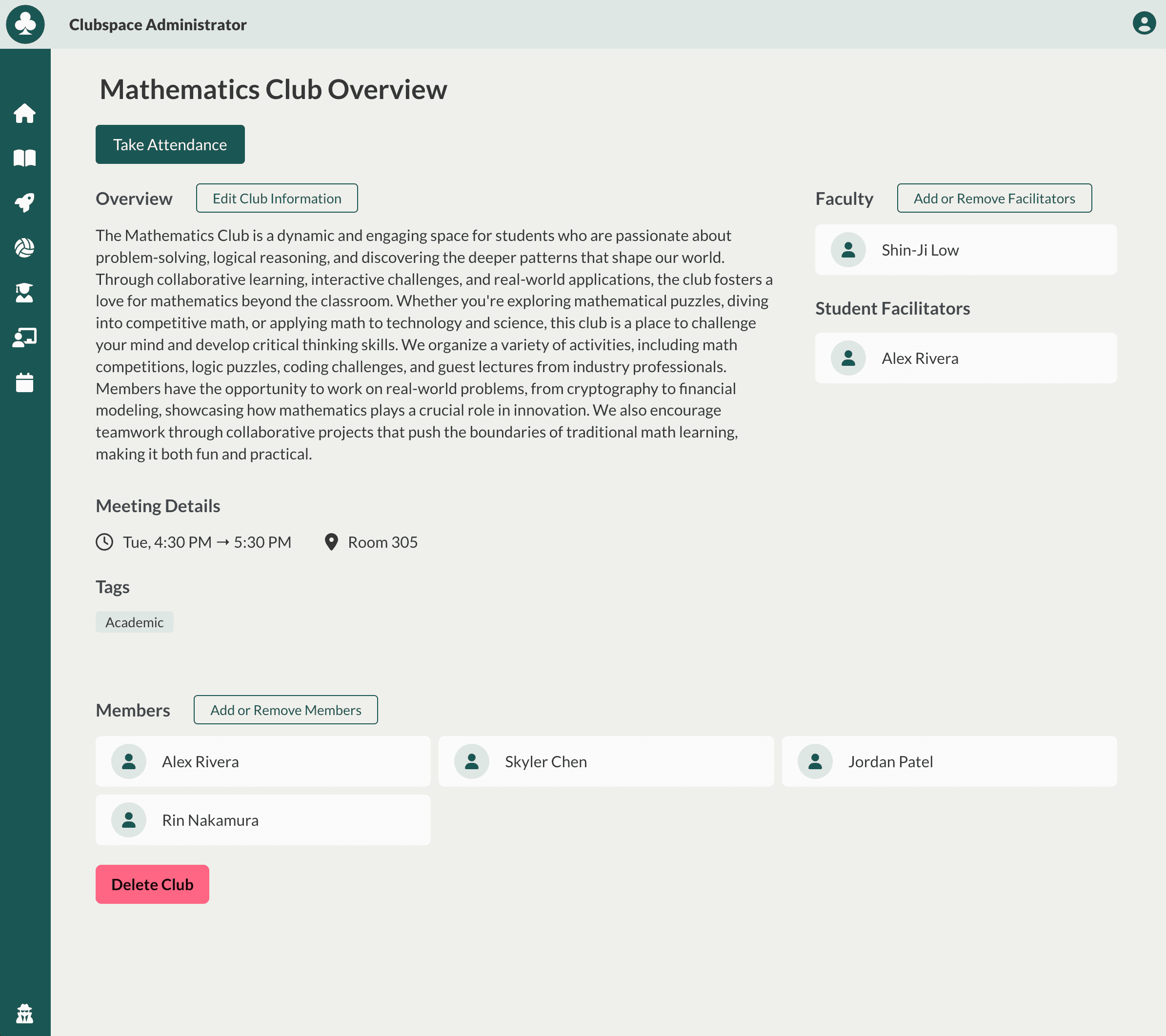 Clubspace clubs administration dashboard