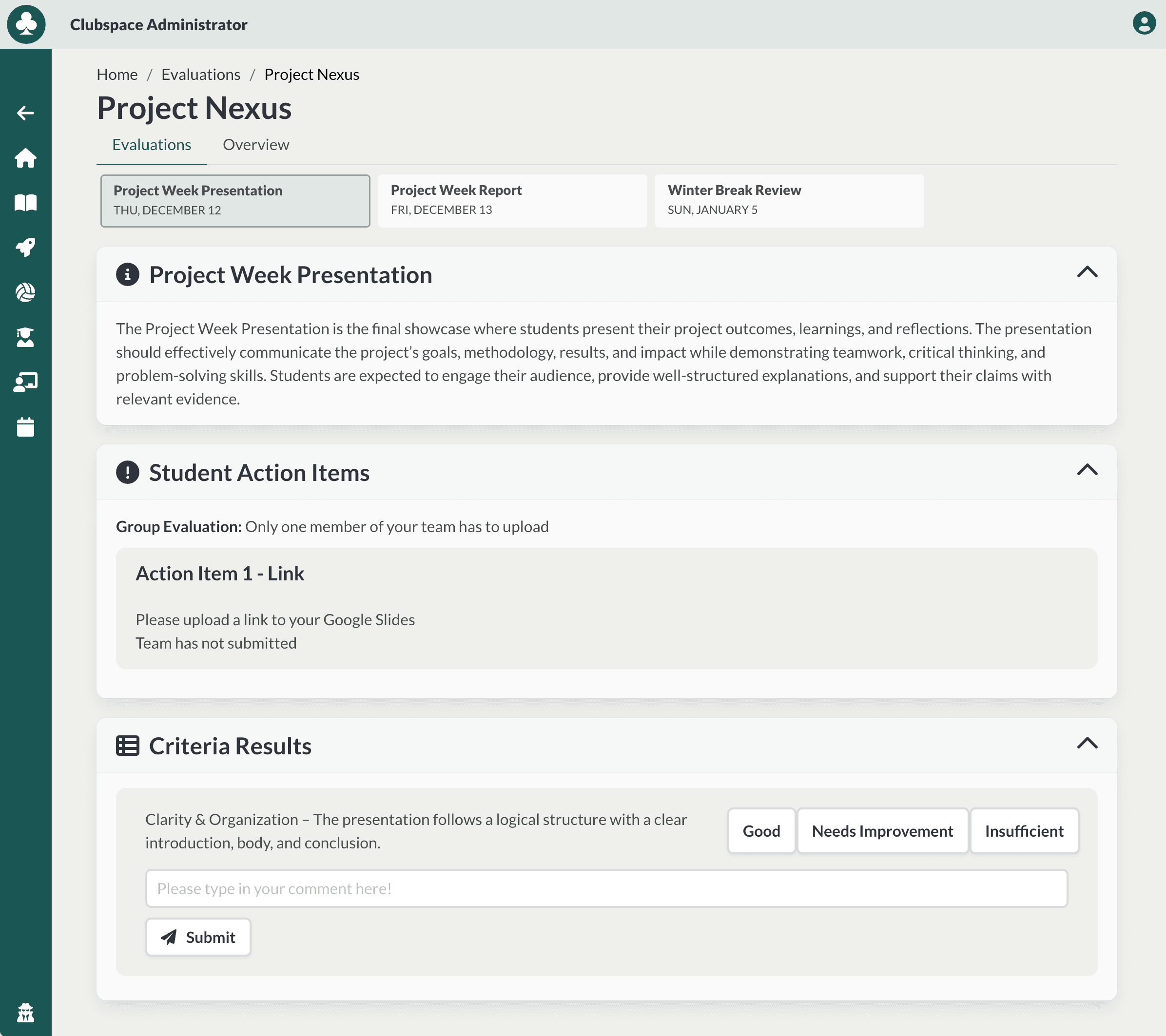 Clubspace project management dashboard